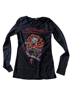 Ed Hardy Christian Audigier Y2K Golden Rose Of Love Rhinestone Vtg Top Skull XS